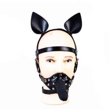 Slave Head Harness Leather Dildo Gag Adjustable