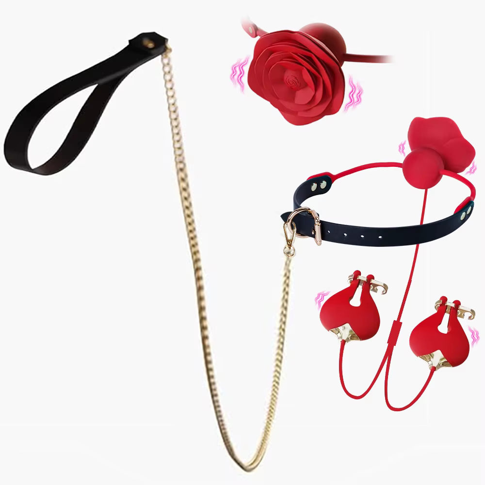 Rose Ball Gag with Vibrating Nipple Clamps Toy