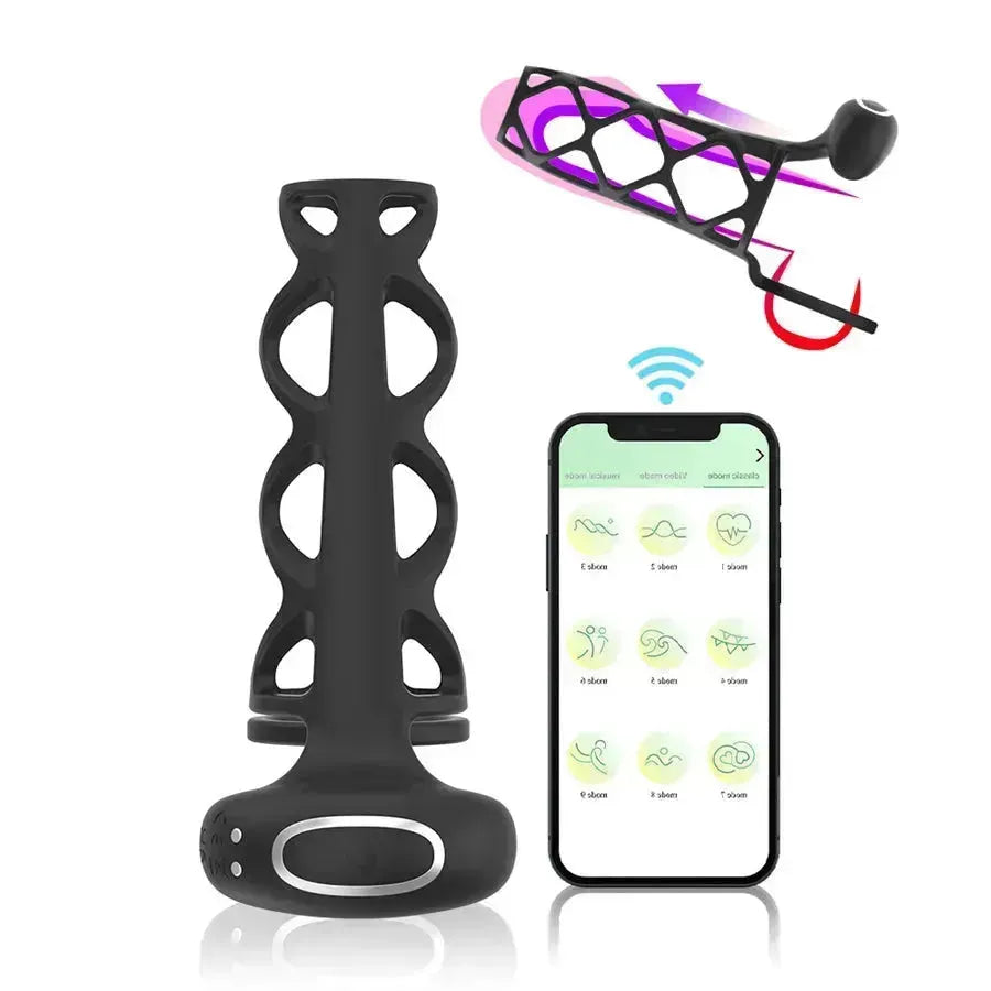Hollow Black Remote Control Vibrating Penis Sleeve